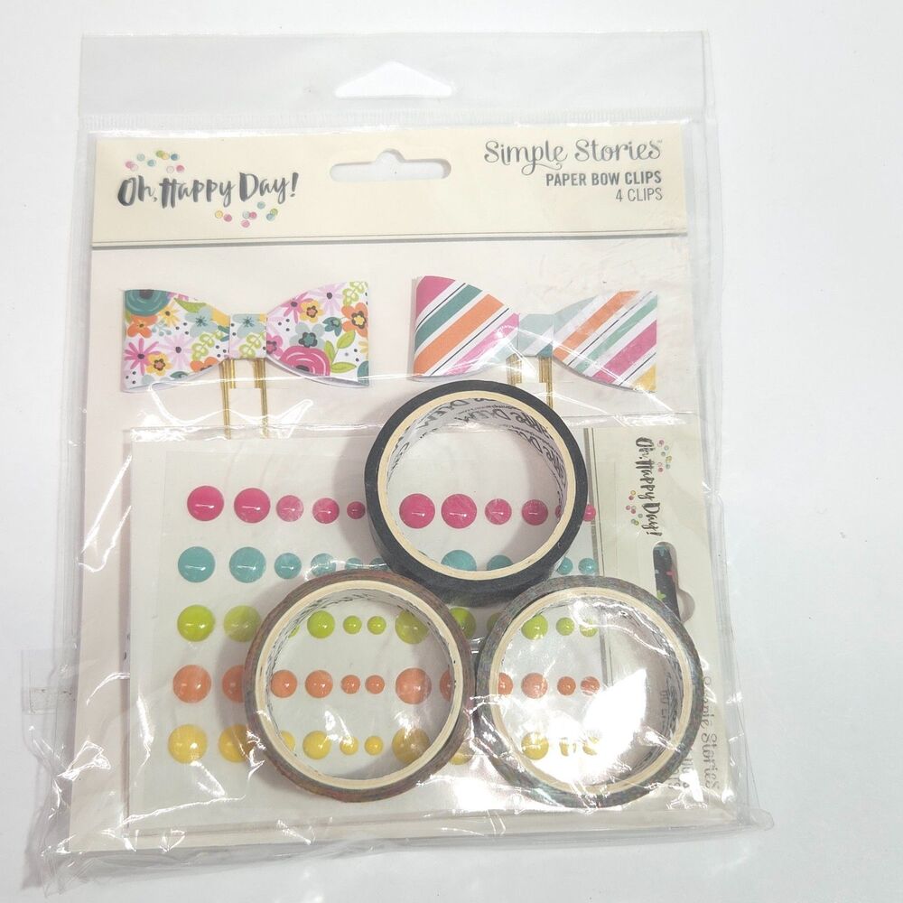 Simple Stories Embellishment Kit Oh Happy Day Washi Tape Paper Bow Clips Enamel